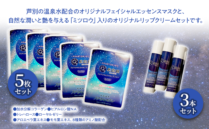 「スターライトオリジナル商品」リップクリーム3本＋フェイシャルエッセンスマスク 5枚セット 北海道 芦別市 スキンケア フェイスパック パック フェイスマスク 美容 美容マスク 美容パック フェイスシート 保湿 リップクリーム