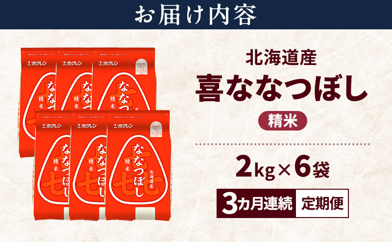 【3ヵ月連続定期便】北海道産 喜 ななつぼし 精米 12kg 米 特A 獲得 白米 ごはん 定期便 定期配送 3ヵ月 道産米 ブランド米 12キロ お米 ご飯 米 北海道米 JAふらの ホクレン ホクレン米 送料無料 北海道 富良野市
