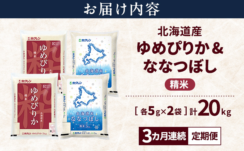 【3ヵ月連続定期便】北海道産 ゆめぴりか ななつぼし 食べ比べセット 精米 各10kg 合計20kg 米 特A 獲得 白米 ごはん 定期便 定期配送 3ヵ月 道産米 ブランド米 20キロ お米 ご飯 米 北海道米 JAふらの ホクレン ホクレン米 送料無料 北海道 富良野市