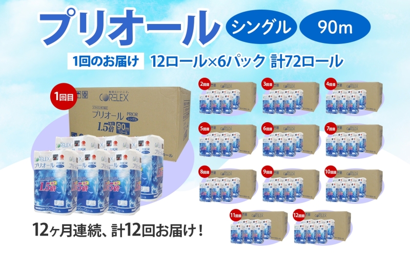 定期便 12ヵ月 連続 全12回 プリオール・ピコ トイレット ペーパー 1.5倍巻き シングル 90m 12ロール 6パック 日本製 まとめ買い リサイクル 防災 常備品 トイレ トイレットペーパー 消耗品 日用品 備蓄 送料無料 北海道 倶知安町 倶知安町