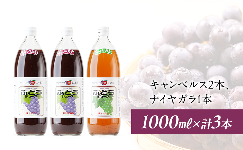 北海道仁木産ぶどうジュース飲み比べセット（キャンベルス、ナイヤガラ）：1000ml×3本 果汁飲料 野菜飲料 ブドウ ぶどう ジュース セット[JA新おたる]