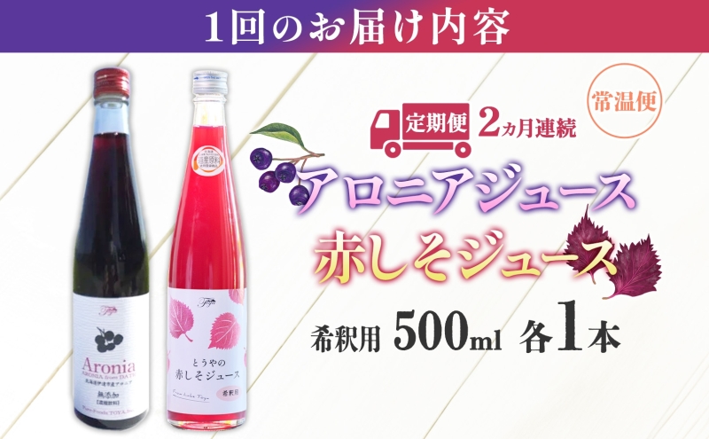 定期便 連続2回 北海道産 赤しそジュース アロニアジュース 500ml 各1本 希釈用 赤しそ アロニア 果汁 ジュース ドリンク 飲料 飲み物 フルーツ しそ シソ 紫蘇 贈答 詰め合わせ お取り寄せ 送料無料 ピュアフーズとうや 北海道 洞爺湖町