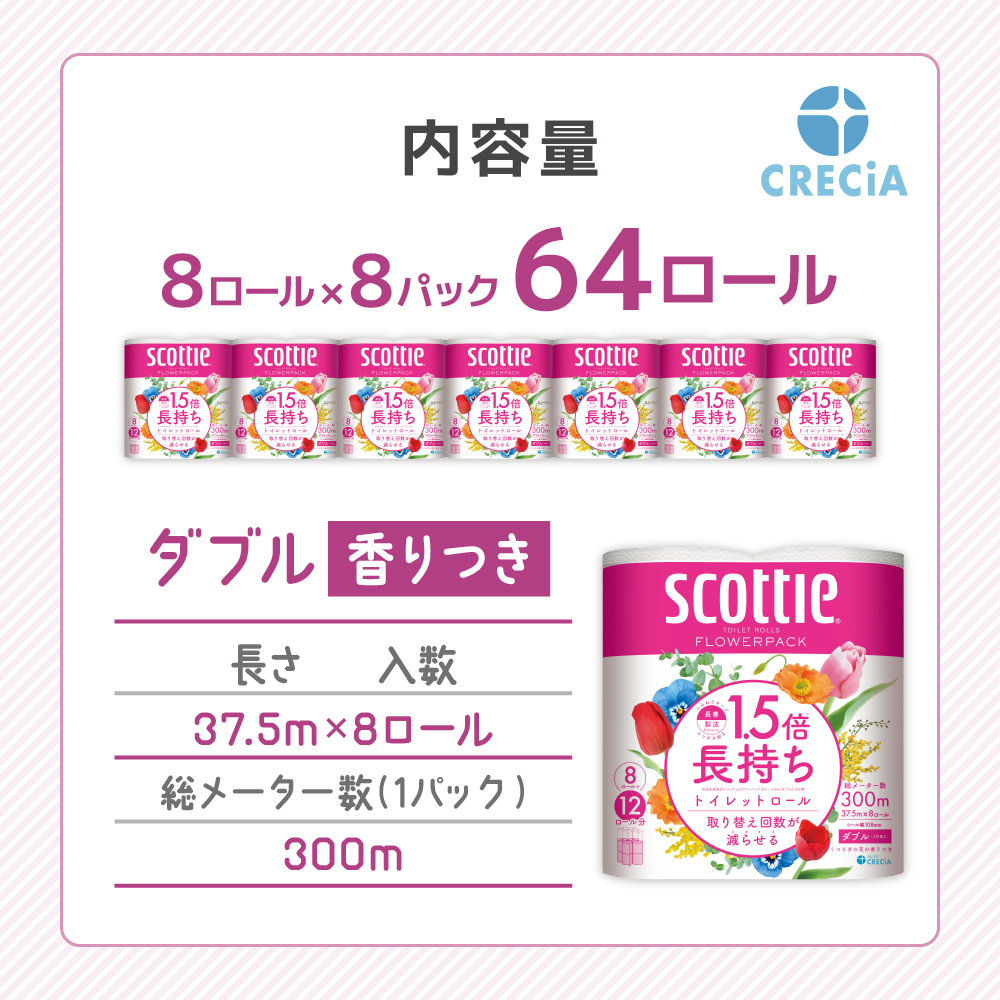 スコッティ トイレットペーパー ダブル 1.5 倍巻き ( 8ロール入×8パック ) フラワーパック