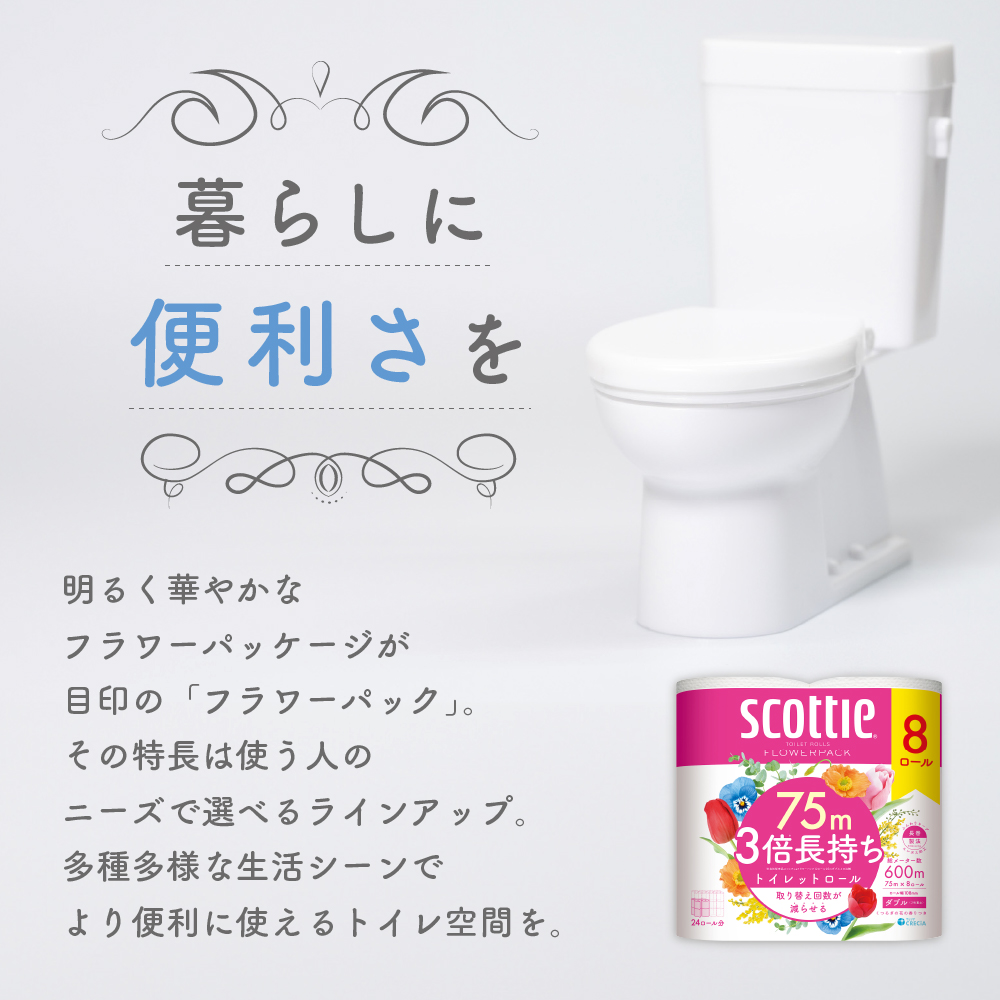 スコッティ3倍長持ち トイレットペーパー ダブル 48ロール (8ロール×6パック) フラワーパック