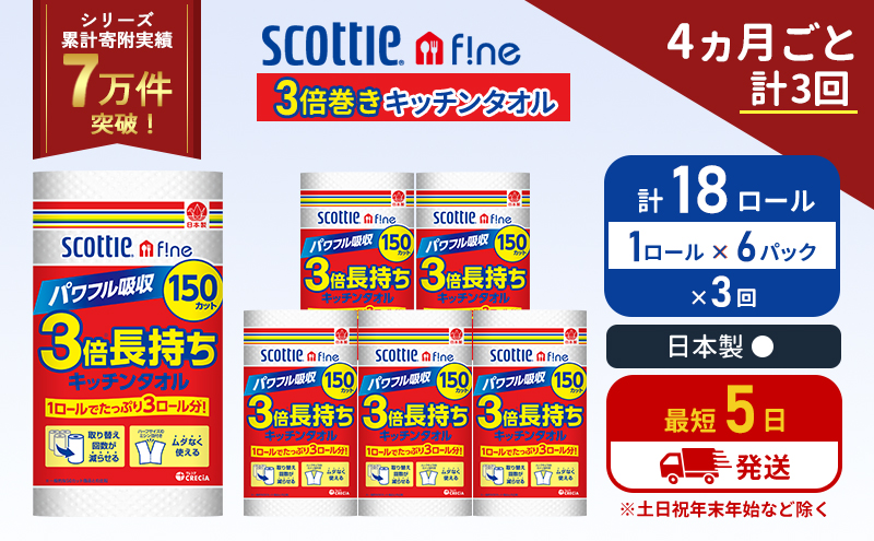 スコッティ ファイン キッチンタオル 1 ロール 3倍 150カット 6パック入 セット[4ヶ月ごと計3回] 定期便