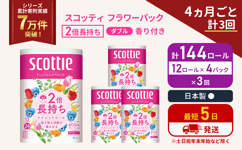 スコッティ フラワーパック 香り付き ダブル 2倍長持ち 144ロール (12ロール×4パック)[4ヶ月ごと計3回] 定期便 トイレットペーパー