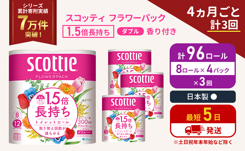 スコッティ フラワーパック 香り付き ダブル 96ロール( 8ロール入×4パック )[4ヶ月ごと計3回] 1.5 倍巻き 定期便 トイレットペーパー
