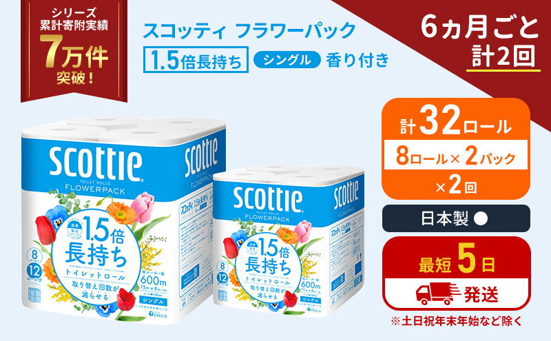 スコッティ フラワーパック 香り付き シングル 1.5倍長持ち 32ロール (8ロール×2パック)[6ヶ月ごと計2回] 定期便 トイレットペーパー