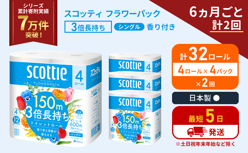 スコッティ フラワーパック 香り付き シングル 3倍長持ち 32ロール (4ロール×4パック)[6ヶ月ごと計2回] 定期便 トイレットペーパー