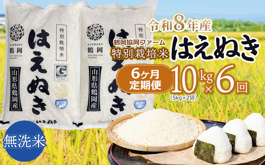 【令和8年産先行予約】 特別栽培米はえぬき無洗米 10kg (5kg×2袋)×6ヶ月【定期便】　鶴岡協同ファーム