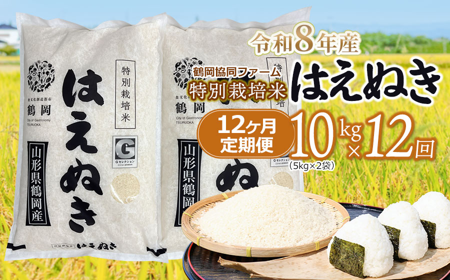 【令和8年産先行予約】 特別栽培米はえぬき 精米10kg (5kg×2袋)×12ヶ月【定期便】　鶴岡協同ファーム