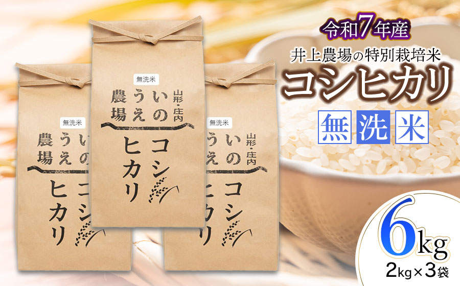 【令和7年産】 井上農場の特別栽培米 コシヒカリ 無洗米 6kg（2kg×3袋）　K-750