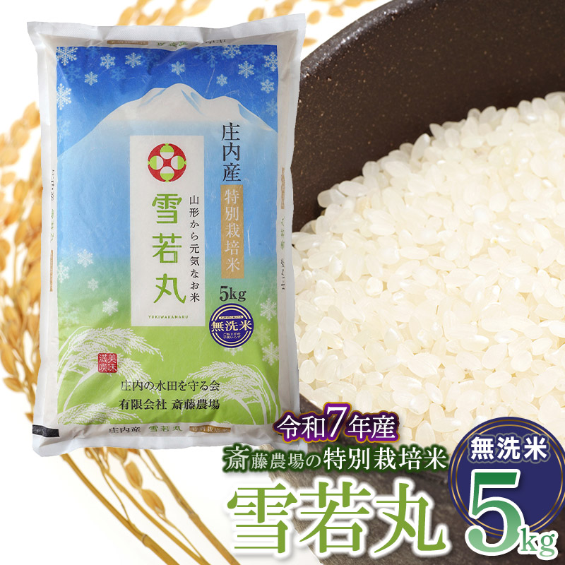 [令和7年産][新米] 斎藤農場の特別栽培米 雪若丸 無洗米 5kg(5kg×1袋) 山形県鶴岡市 K-756
