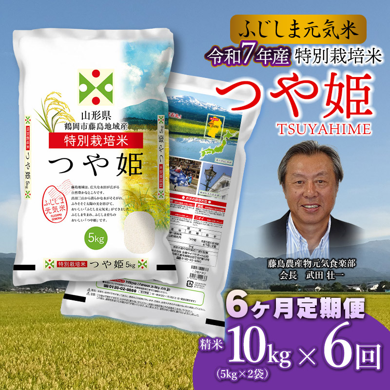 【令和7年産】【新米】【6ヶ月定期便】 特別栽培つや姫 ふじしま元気米 精米 10kg(5kg×2袋)×6回 【毎月発送】合計60kg