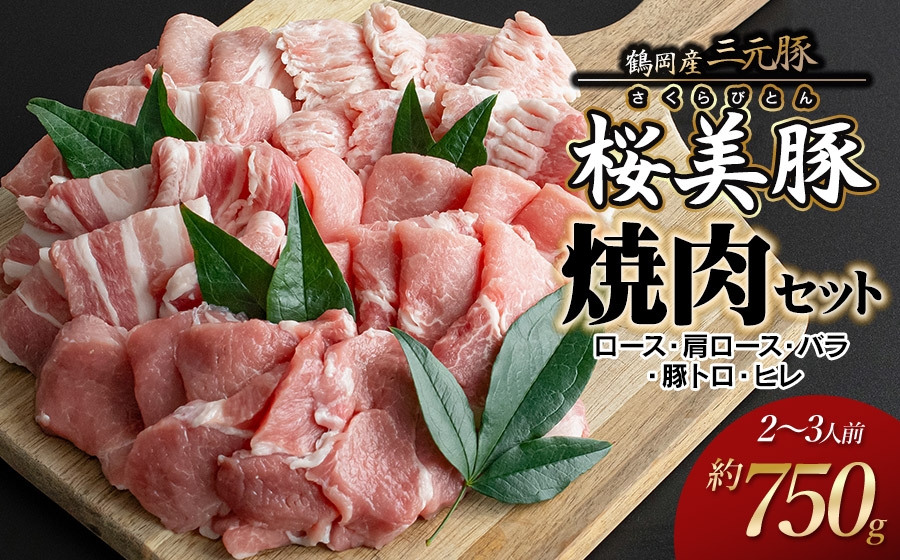 鶴岡産三元豚「桜美豚」焼肉用セット（ロース・肩ロース・バラ・豚トロ・ヒレ）約750g（2～3人前）　K-736　豚肉　長南牛肉店