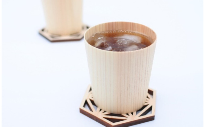 【熟練木工職人手作り】桧カップ ＆ 麻の葉 コースターセット 工芸品 桧カップ コースター 麻の葉模様 木製