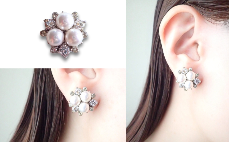 金属アレルギー対応　マグネット式　ノンホールピアス　M-パール×クリスタルSV  ノアーレ　イヤリング　シリコン　レディースアクセサリー　ジュエリー