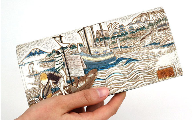 【文庫屋大関】スッキリ大人の財布　束入れ　浮世絵　荒井宿【皮革工芸品】 ファッション小物 手作業 手塗