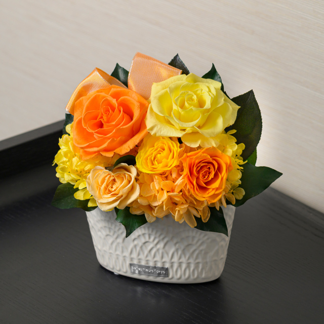 キャンティ 花 お花 プリザーブドフラワー ギフト プレゼント お祝い 誕生日 お供え アレンジ インテリア 東京都 墨田区【イエロー×オレンジ】