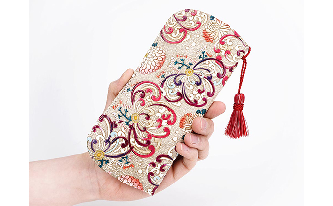 【文庫屋大関】メガネケース　乱菊＜赤紫＞【皮革工芸品】 ファッション小物 民芸品