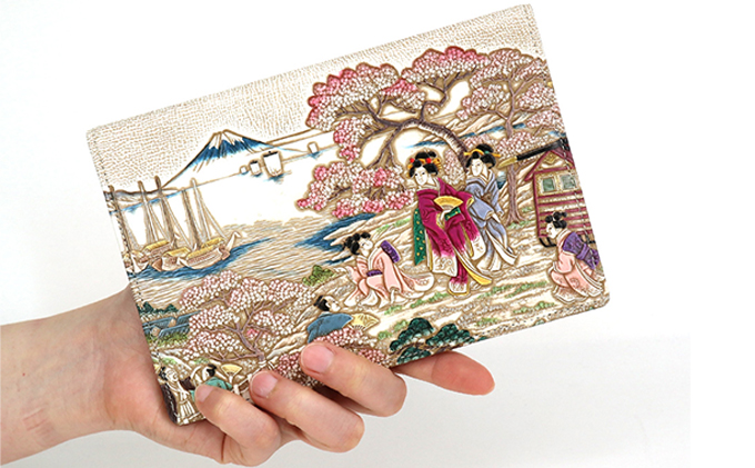 【文庫屋大関】パーソナルホルダー　浮世絵　御殿山【皮革工芸品】 ファッション 小物 シンプル パスポートケース 病院セット 型押し 大関卯三郎 牛革