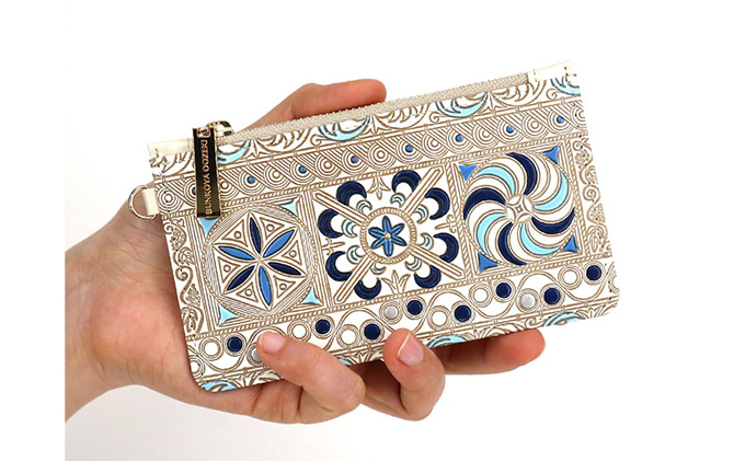 【文庫屋大関】すっきりカードケース　錦紗＜青＞【皮革工芸品】 ファッション小物 雑貨 フラグメントケース 小銭入れ付き 収納 スマート 日本製 ブルー