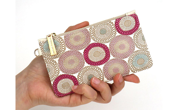 【文庫屋大関】すっきりカードケース　笠菊＜桃花＞【皮革工芸品】 ファッション小物 雑貨 フラグメントケース 小銭入れ付き 収納 スマート 日本製 花柄