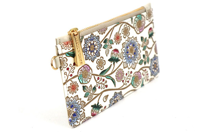 【文庫屋大関】すっきりカードケース　ダリア＜コバルトブルー＞【皮革工芸品】 ファッション小物 雑貨 フラグメントケース 小銭入れ付き 収納 スマート 日本製 花柄 青