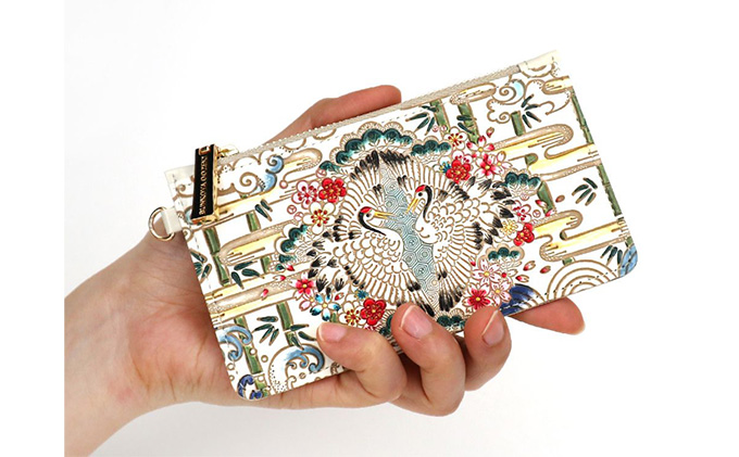 【文庫屋大関】すっきりカードケース　むかい鶴【皮革工芸品】 ファッション小物 雑貨 フラグメントケース 小銭入れ付き 収納 スマート 日本製 鳥 つる ツル