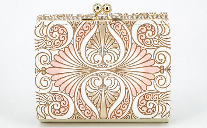 【文庫屋大関】三つ折りミニ財布　ロカイユ（ベビーピンク）【皮革工芸品】 ファッション 小物 民芸品 お札 カード 小銭 手のひらサイズ コンパクト 大人かわいい 牛革 手作り 国産