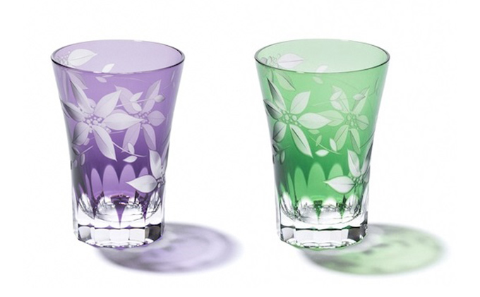 江戸切子 タンブラー 「鉄線」 ペア （紫/グリーン） 【玻璃匠山田硝子】切子 グラス 工芸品 伝統工芸 食器 使いやすい形状 花切子 日本酒 お酒 酒器 日本酒グラス 焼酎グラス 鮮やか キレイ