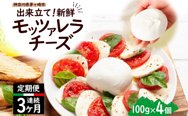 [3ヶ月定期便] 出来立て新鮮 モッツァレラチーズ100g × 4個セット 茅ケ崎産 乳製品 チーズ 手作り Osteria e Bottega S 神奈川県 湘南 茅ケ崎 おつまみ ピザ プチ贅沢