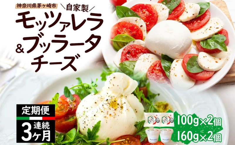 3ヶ月定期便 自家製 チーズ 詰め合わせ モッツァレラチーズ 100g ブッラータチーズ180g 各2個 出来立て 神奈川県産 幻のチーズ モッツァレラ ブッラータ 手作り Osteria e Bottega S 神奈川県 湘南 茅ケ崎 フレッシュチーズ おつまみ ピザ プチ贅沢