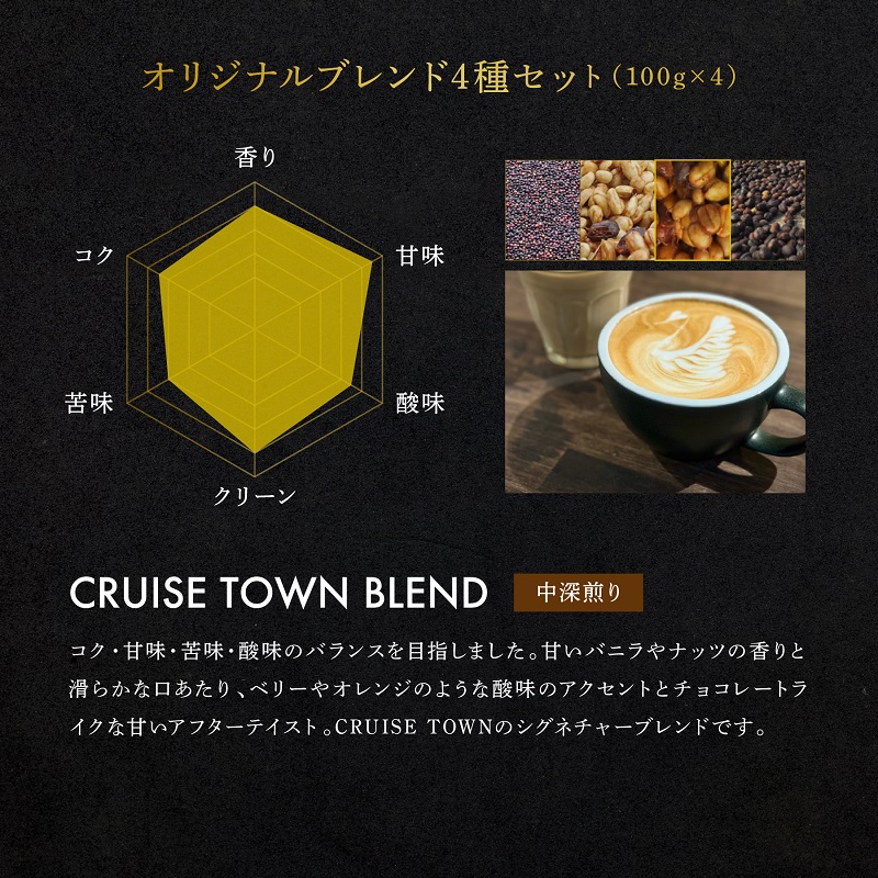 定期便 隔月 3回【茅ヶ崎のスペシャルティコーヒー専門ロースター】CRUISE TOWN COFFEE ROASTERS オリジナルブレンド4種セット（100g×4） コーヒー豆 飲み物 飲料 ドリンク コーヒーブレイク 飲み比べ