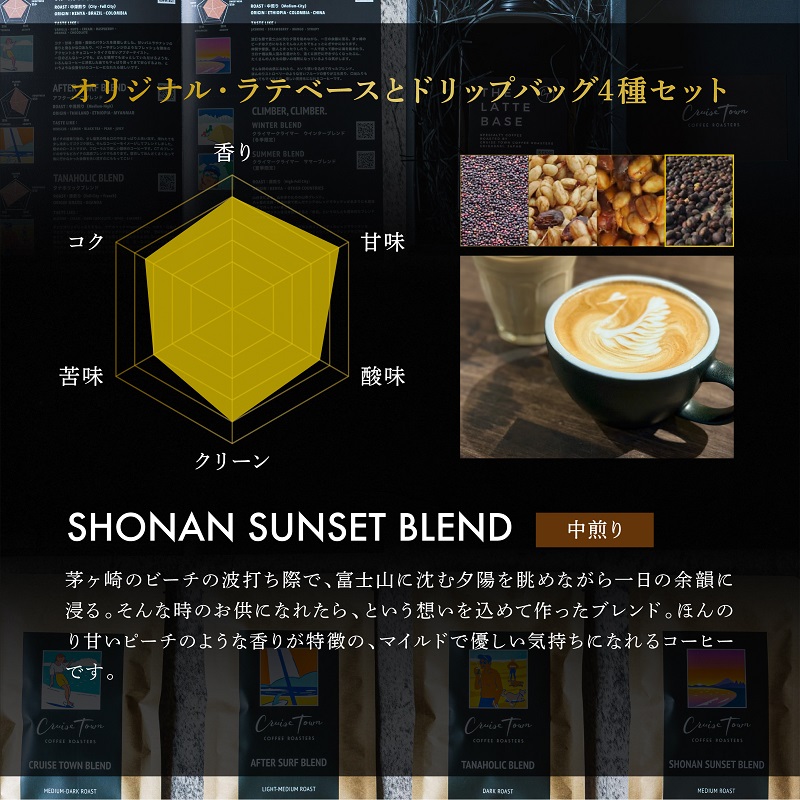 定期便 隔月 4回【茅ヶ崎のスペシャルティコーヒー専門ロースター】CRUISE TOWN COFFEE ROASTERS オリジナル・ラテベースとドリップバッグ4種セット 飲料 コーヒー豆 ナッツの香り 優しい酸味 コク