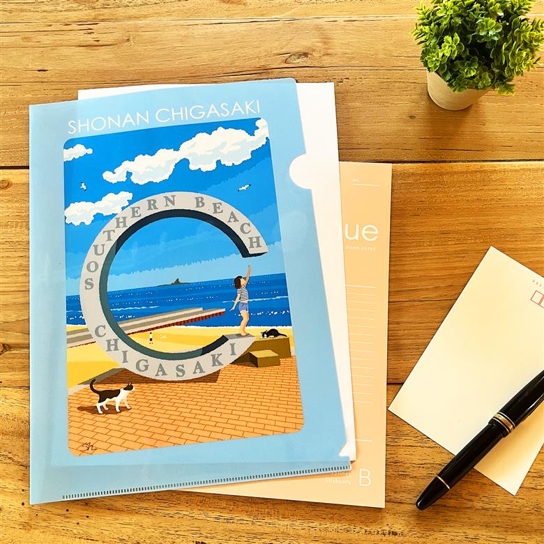 湘南・茅ヶ崎で描く、海を感じるイラストアート 『湘南ランドスケープ：ポストカード5枚+A4クリアファイル2枚セット』 / 犬 猫 サザンC