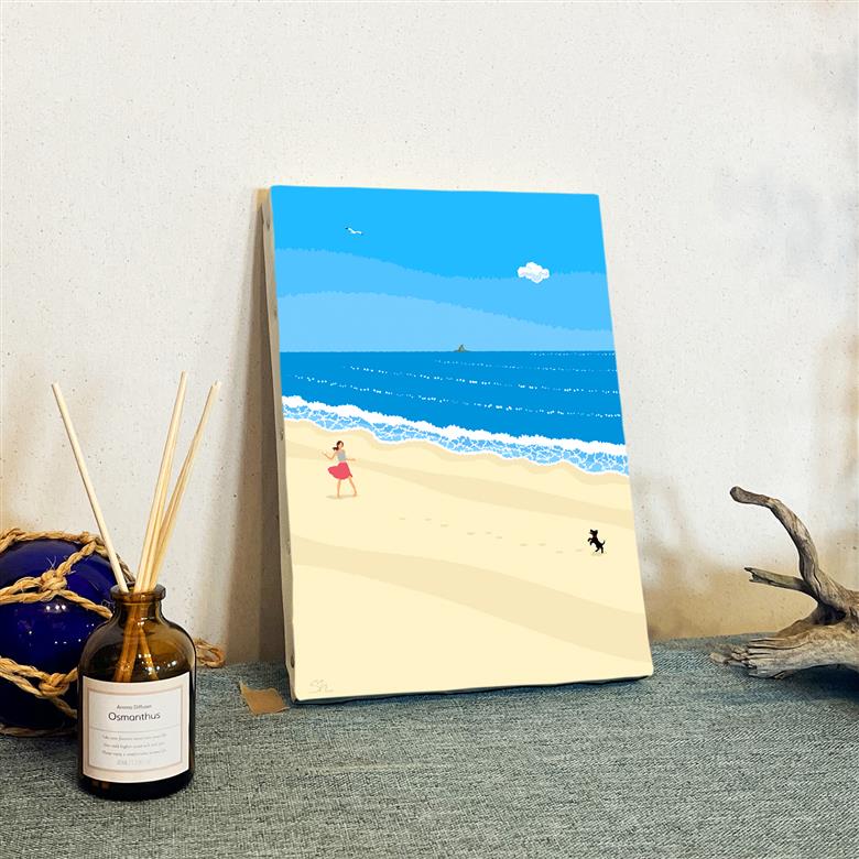 湘南・茅ヶ崎で描く、海を感じるイラストアート 『 湘南ランドスケープ01：波打ち際のキャッチボール 』　キャンバスアートパネル（小） /絵画 風景 犬 猫