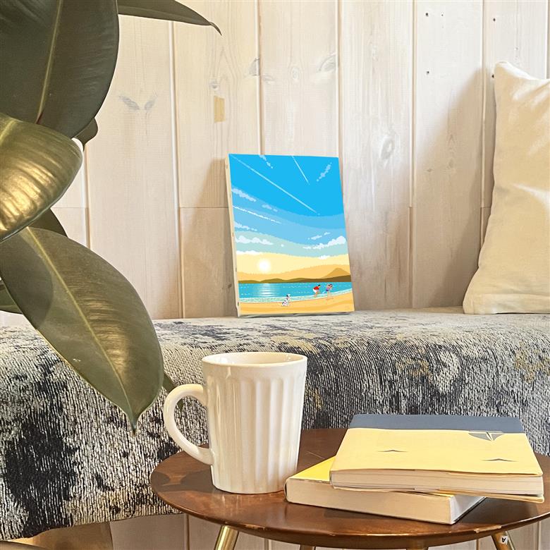 湘南・茅ヶ崎で描く、海を感じるイラストアート 『 湘南ランドスケープ02：ひこうき雲 』　キャンバスアートパネル（小） /絵画 風景 犬 猫