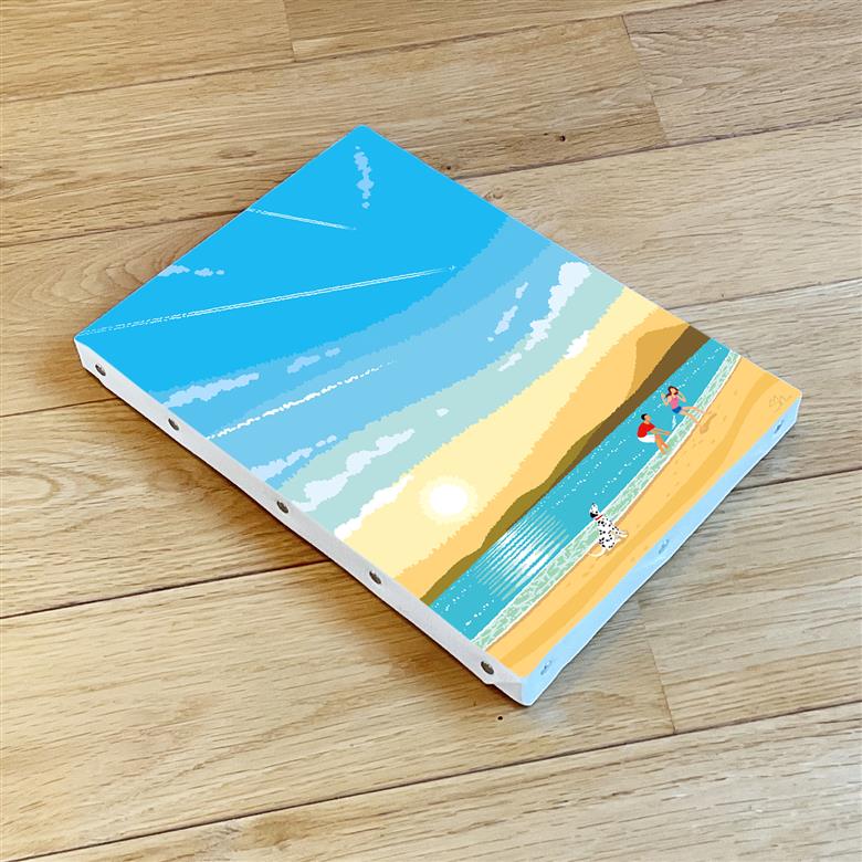 湘南・茅ヶ崎で描く、海を感じるイラストアート 『 湘南ランドスケープ02：ひこうき雲 』　キャンバスアートパネル（小） /絵画 風景 犬 猫