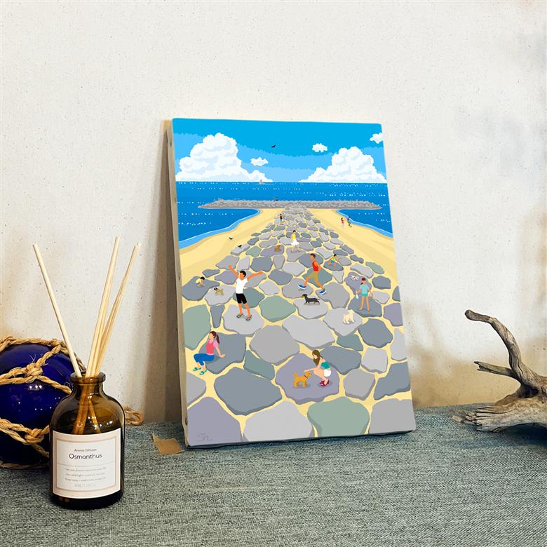 湘南・茅ヶ崎で描く、海を感じるイラストアート 『 湘南ランドスケープ03：茅ヶ崎　ヘッドランド 』　キャンバスアートパネル（小） /絵画 風景 犬 猫