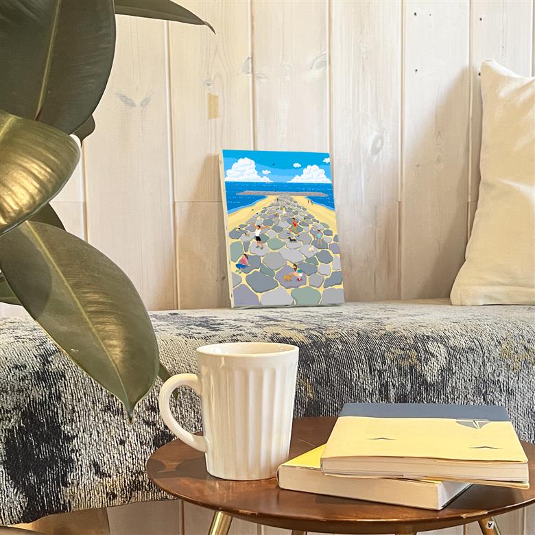 湘南・茅ヶ崎で描く、海を感じるイラストアート 『 湘南ランドスケープ03：茅ヶ崎　ヘッドランド 』　キャンバスアートパネル（小） /絵画 風景 犬 猫