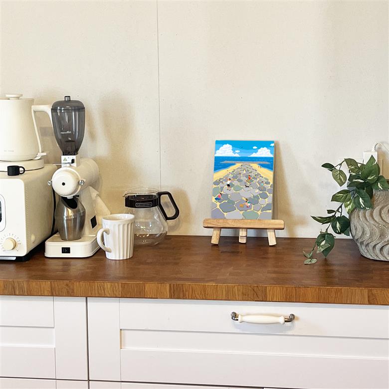 湘南・茅ヶ崎で描く、海を感じるイラストアート 『 湘南ランドスケープ03：茅ヶ崎　ヘッドランド 』　キャンバスアートパネル（小） /絵画 風景 犬 猫