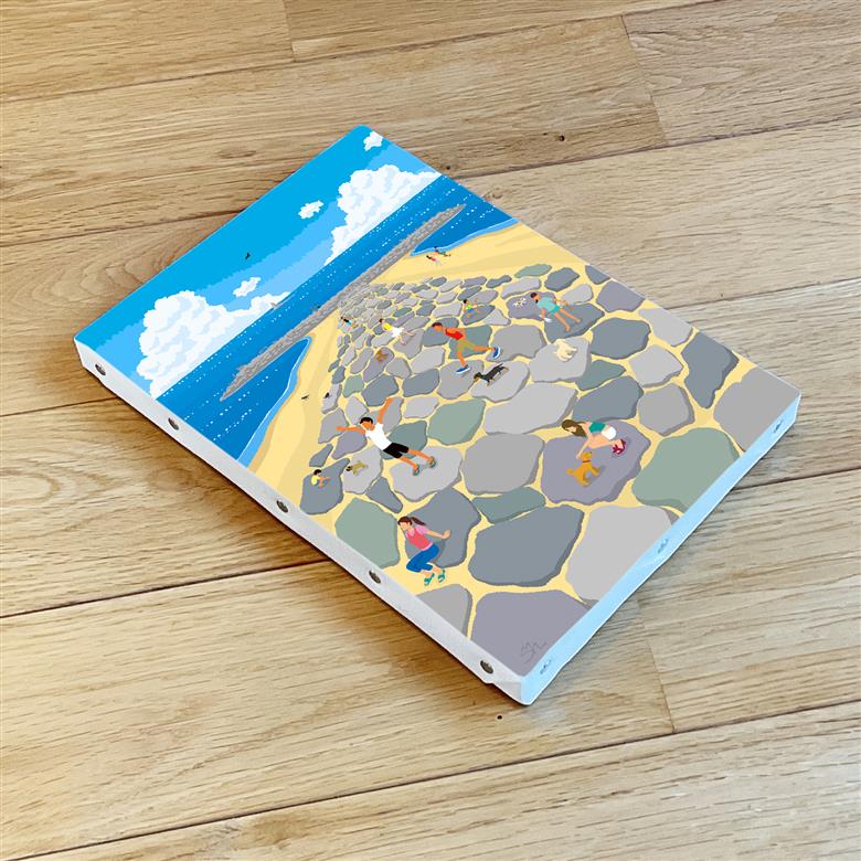 湘南・茅ヶ崎で描く、海を感じるイラストアート 『 湘南ランドスケープ03：茅ヶ崎　ヘッドランド 』　キャンバスアートパネル（小） /絵画 風景 犬 猫