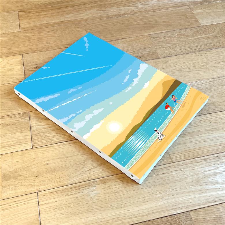 湘南・茅ヶ崎で描く、海を感じるイラストアート 『 湘南ランドスケープ02：ひこうき雲 』　キャンバスアートパネル（中） /絵画 風景 犬 猫