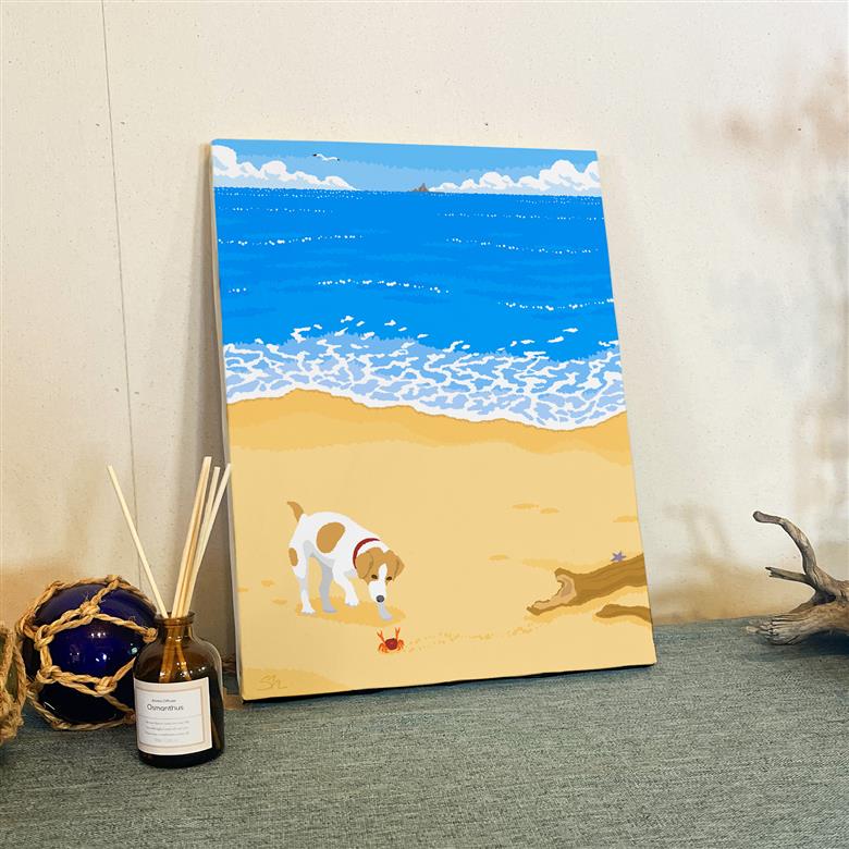 湘南・茅ヶ崎で描く、海を感じるイラストアート 『 湘南ランドスケープ04：渚の遭遇 』　キャンバスアートパネル（中） /絵画 風景 犬 猫