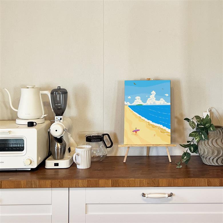 湘南・茅ヶ崎で描く、海を感じるイラストアート 『 湘南ランドスケープ05：波に向かって 』　キャンバスアートパネル（中） /絵画 風景 犬 猫