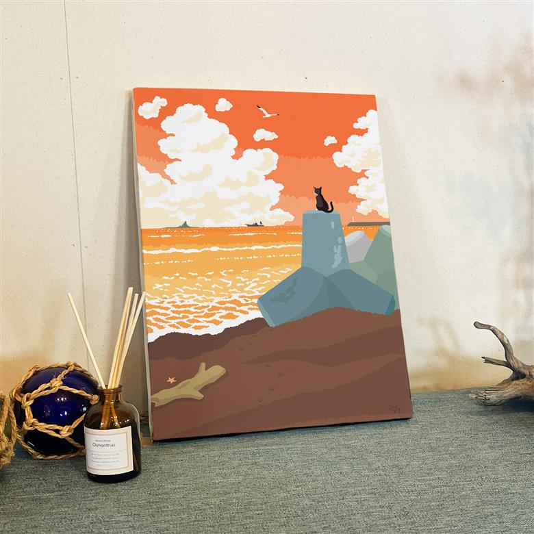 湘南・茅ヶ崎で描く、海を感じるイラストアート 『 湘南ランドスケープ09：夕暮れのサザンビーチ 』　キャンバスアートパネル（中） /絵画 風景 犬 猫