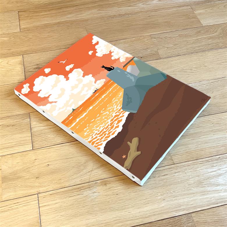 湘南・茅ヶ崎で描く、海を感じるイラストアート 『 湘南ランドスケープ09：夕暮れのサザンビーチ 』　キャンバスアートパネル（中） /絵画 風景 犬 猫