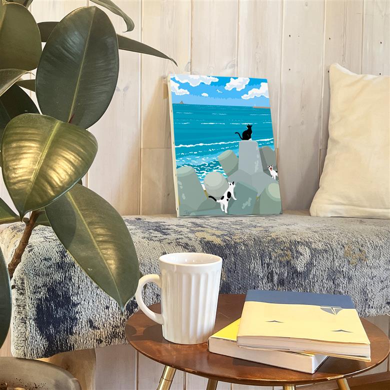 湘南・茅ヶ崎で描く、海を感じるイラストアート 『 湘南ランドスケープ10：午後の集会、俺たちの海 』　キャンバスアートパネル（中） /絵画 風景 犬 猫