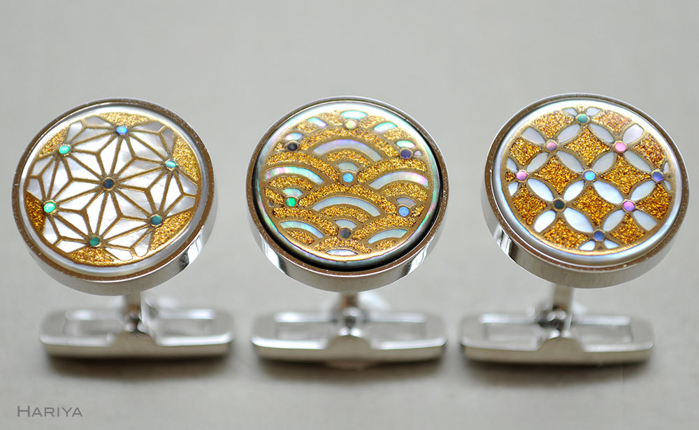 青海波蒔絵 黒蝶貝カフス 青海波 吉祥文様 黒蝶貝 漆塗り 漆 蒔絵 カフス カフスボタン カフリンクス  アクセサリー  伝統工芸 工芸品 日本製 うるしアート 復興 震災 コロナ 能登半島地震復興支援 北陸新幹線 F6P-0415